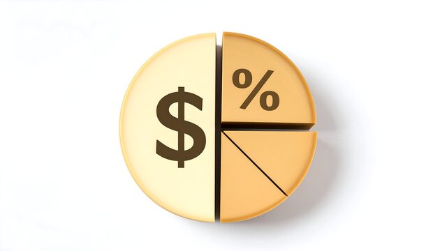 A 3D rendered pie chart in beige shades. One section displays a dollar sign, the other shows a percent symbol. All sections are on white - Powered by Adobe