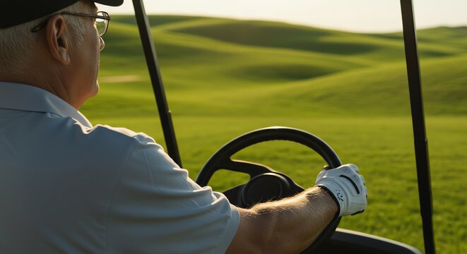 Man driving golf cart on a green golf course