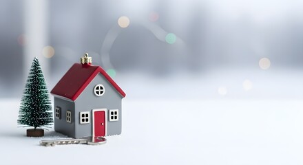 Cozy miniature house and christmas tree in snowy landscape