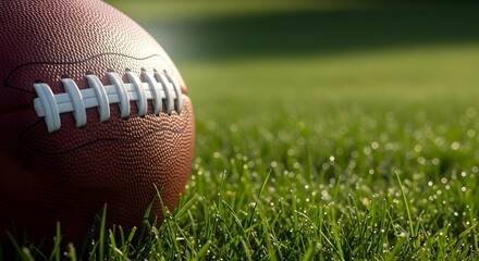 Close up of a football resting on green grass field