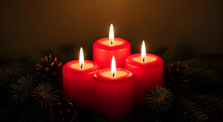 Four glowing red advent candles lit on a dark background