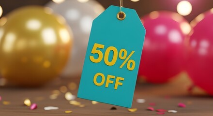 Fifty percent off sale tag with festive balloons