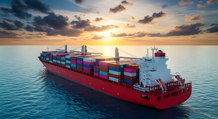Massive cargo ship navigates ocean at sunset