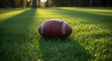 American football rests on sunlit grassy field