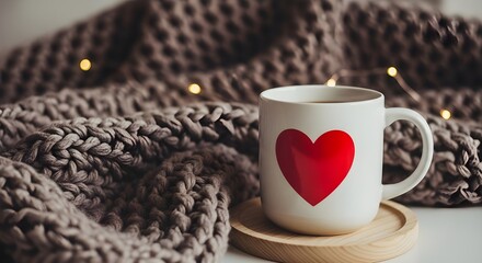 Cozy heart mug wrapped in warm blanket with twinkling lights
