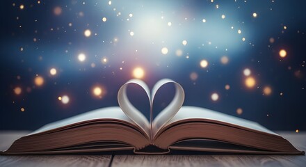 Open book with heart shaped pages under a starry sky