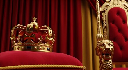 Royal crown and throne with red velvet drapes
