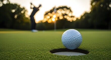 Golfer swings ball near hole at sunset on green course