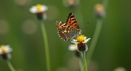 Vibrant butterfly delicately perched on wildflower in a sunny meadow, capturing the beauty of nature's exquisite detail