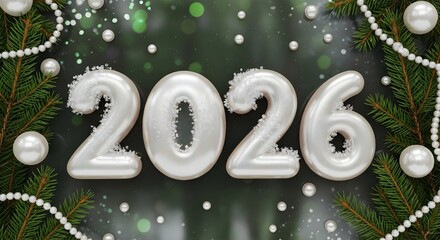 Shiny silver 2026 balloons surrounded by festive greenery and pearls