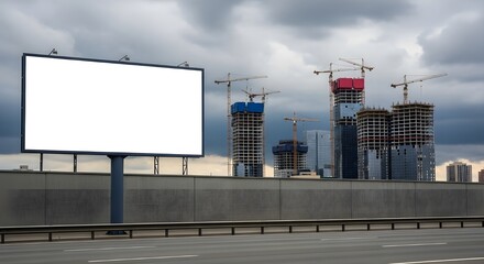 Blank billboard in front of city construction site