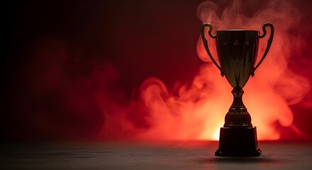 Golden trophy illuminated by dramatic red smoke and light