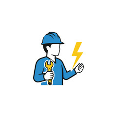Professional electrician illustration with wrench and lightning bolt against white background. Electrician services provided are shown with electrician logo for advertisement or commercial design.