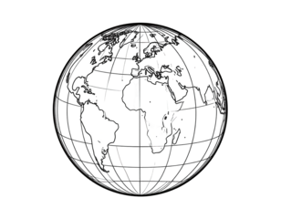 A stylized, black and white globe.  Detailed map, wireframe, and scattered speckles