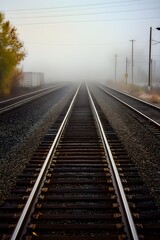 Fototapeta premium Foggy railroad tracks vanishing into the distance