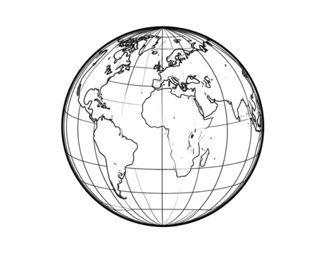 A stylized, black and white globe.  Detailed map, wireframe, and scattered speckles