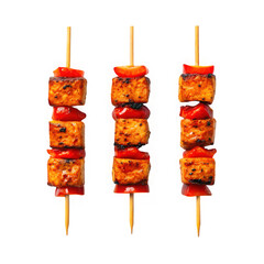 Three perfectly grilled seasoned meat skewers with red peppers food photography