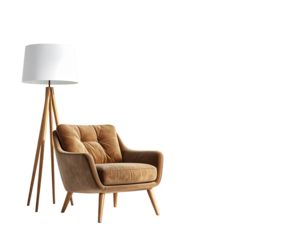 Cream lamp and tan armchair.  Modern, minimalist,  cozy living room scene