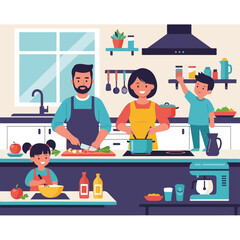 Obraz premium Happy family cooking together in kitchen with father chopping vegetables. Family cooking scene shows mother stirring pot on stove, children helping with preparations for meal.