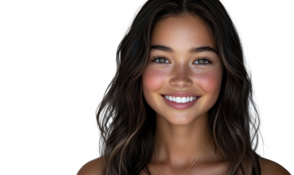 Close-up portrait of a young girl with long hair and freckles, smiling brightly against a plain black background, showcasing natural beauty and joy