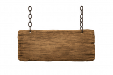 Empty wooden sign hanging on chains with transparent background, providing space for text or design