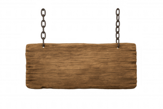 Empty wooden sign hanging on chains with transparent background, providing space for text or design