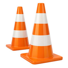 Two bright orange traffic cones with reflective white stripes for safety and roadwork