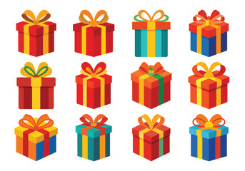 Twelve Colorful Gift Boxes with Bows for Celebration
