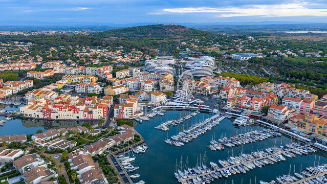 Port of Cap d'Agde at sunrise, in Occitanie, France