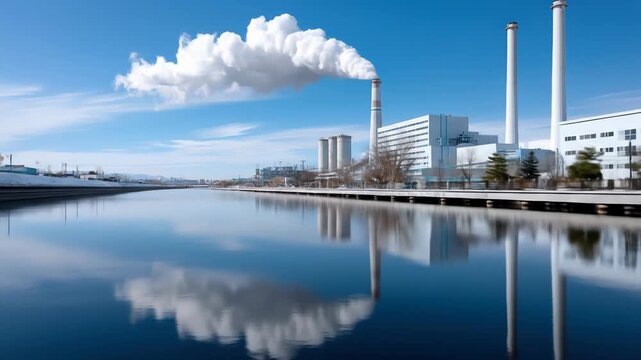 Industrial factory emitting smoke reflected in calm water under blue sky pollution