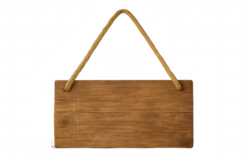 Empty wooden sign hanging with rope isolated on transparent background, perfect for adding your own text or design