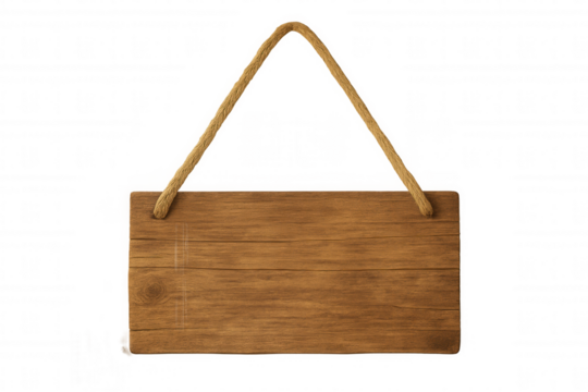 Empty wooden sign hanging with rope isolated on transparent background, perfect for adding your own text or design