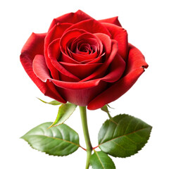 Fototapeta premium Single Vibrant Red Rose with Green Leaves and Stem Isolated on Black background flower bloom