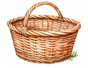Obraz premium Detailed Wicker Basket with Handle Weaving Texture Brown Tones on White Background