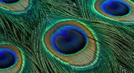 Obraz premium Stunning close-up of vibrant, iridescent peacock feathers showcasing intricate eye patterns and rich emerald and sapphire hues, perfect for luxury and nature themes