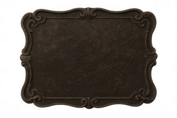 Classic metal plaque with ornate frame, isolated on transparent background, offering versatile design options for text and graphics