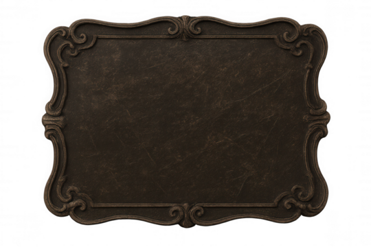 Classic metal plaque with ornate frame, isolated on transparent background, offering versatile design options for text and graphics