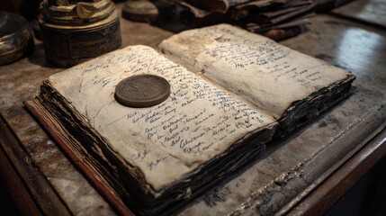 An antique book lies open, its aged pages filled with faded handwritten script. A tarnished coin rests on the open pages. The book rests on a worn surface