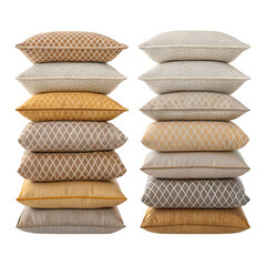 Neatly stacked assorted cushions decorative home accent pillows displayed two rows