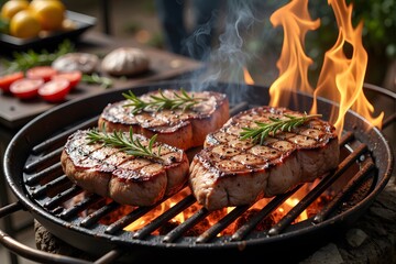 Grilled steaks with rosemary, on a grill, with flames, in the evening.
