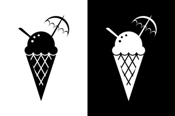 Minimal Ice Cream Cone Icon on Black and White Background.