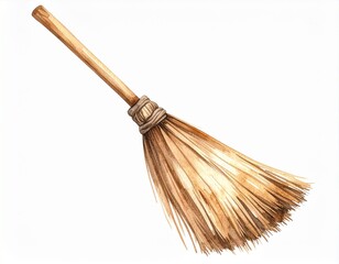 Watercolor Illustration of a Classic Straw Broom with Wooden Handle on White Background