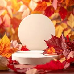 Round Display Podium Surrounded by Vivid Maple Leaves for Autumn Season Showcase