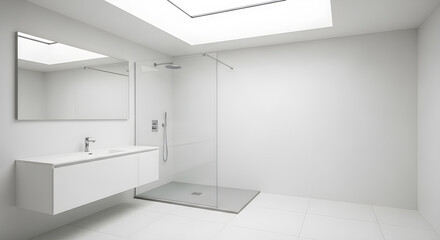 A modern, minimalist bathroom featuring a floating vanity, a glass-enclosed shower, and a skylight.