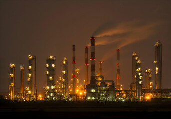 Fototapeta premium Industrial complex, smoke, night, lights.