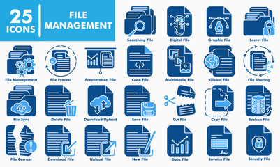 File management icon collection set. Containing download, upload, database, backup, archive, folder, file, digital, system, sync, transfer, sharing, document, draft, asset, secured, access