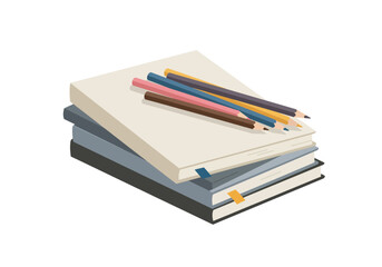 A stack of three books with colored pencils laid on top showing a calm and organized composition