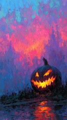 Glowing Jack-o'-Lantern Painting under Vibrant Sky