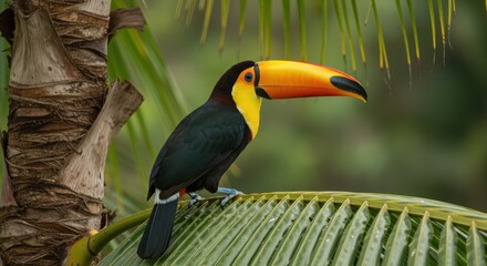 Naklejka premium Vibrant Toucan with striking orange beak perches majestically on lush green palm fronds in a tropical rainforest, showcasing exotic wildlife and natural beauty.