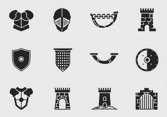 Set of vector icons of black silhouette shields featuring symbols like a tree, cake, cup, star, and music notes for a holiday gift design collection
